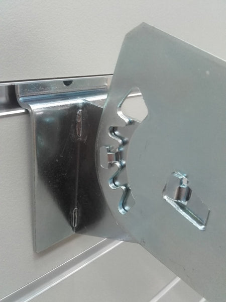 close-up detail photo of the adjustable 5 fixed tilt angles feature in the tilted metal bracket by Plankwall® slatwall systems 