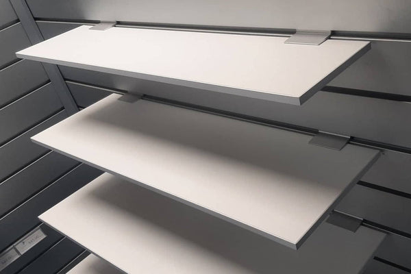 top view of white melamine 9mm shelves on a Plankwall slatwall