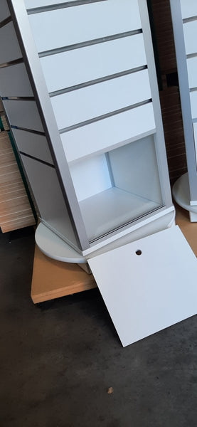 Four - Sided Rotating Box Display Stand (Tower) with Plinth in white with removable base